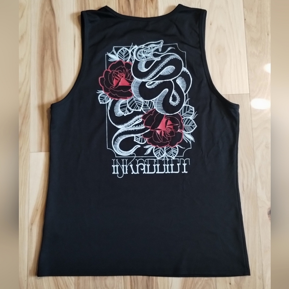 Ink Addict tattoo inspired snake and rose graphic athletic tank top